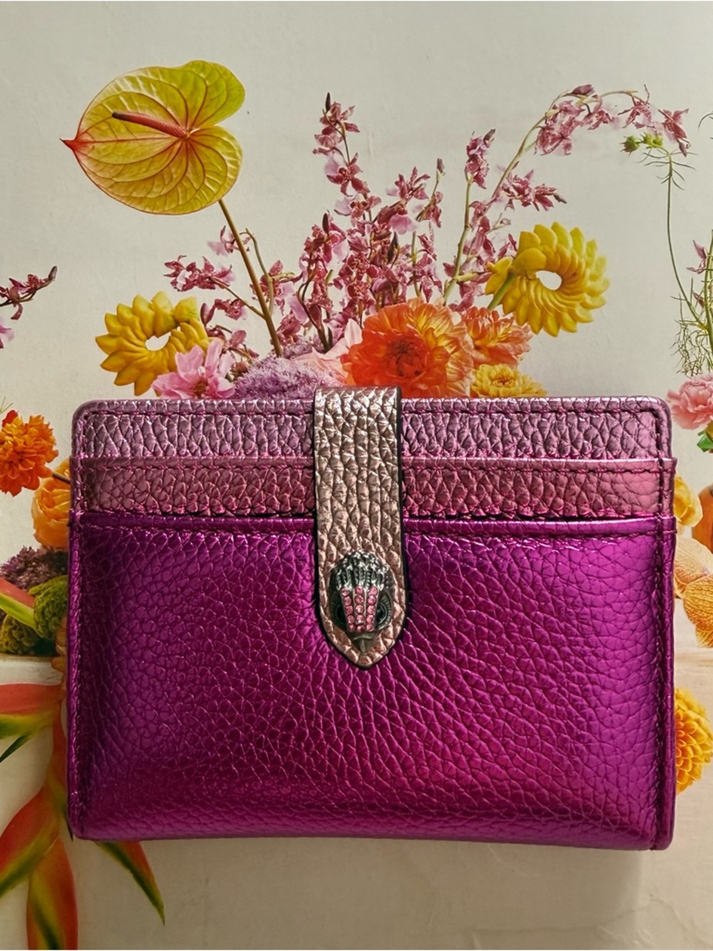 Kurt Geiger Metallic Fuchsia Leather Card Wallet with Gold Strap - Picture 15 of 15
